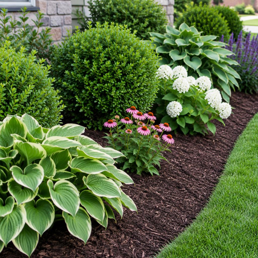Mulched garden bed with hostas, boxwoods and flowers beside a lawn