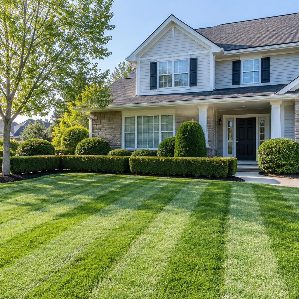 Neatly trimmed hedges and striped lawn in front of a home