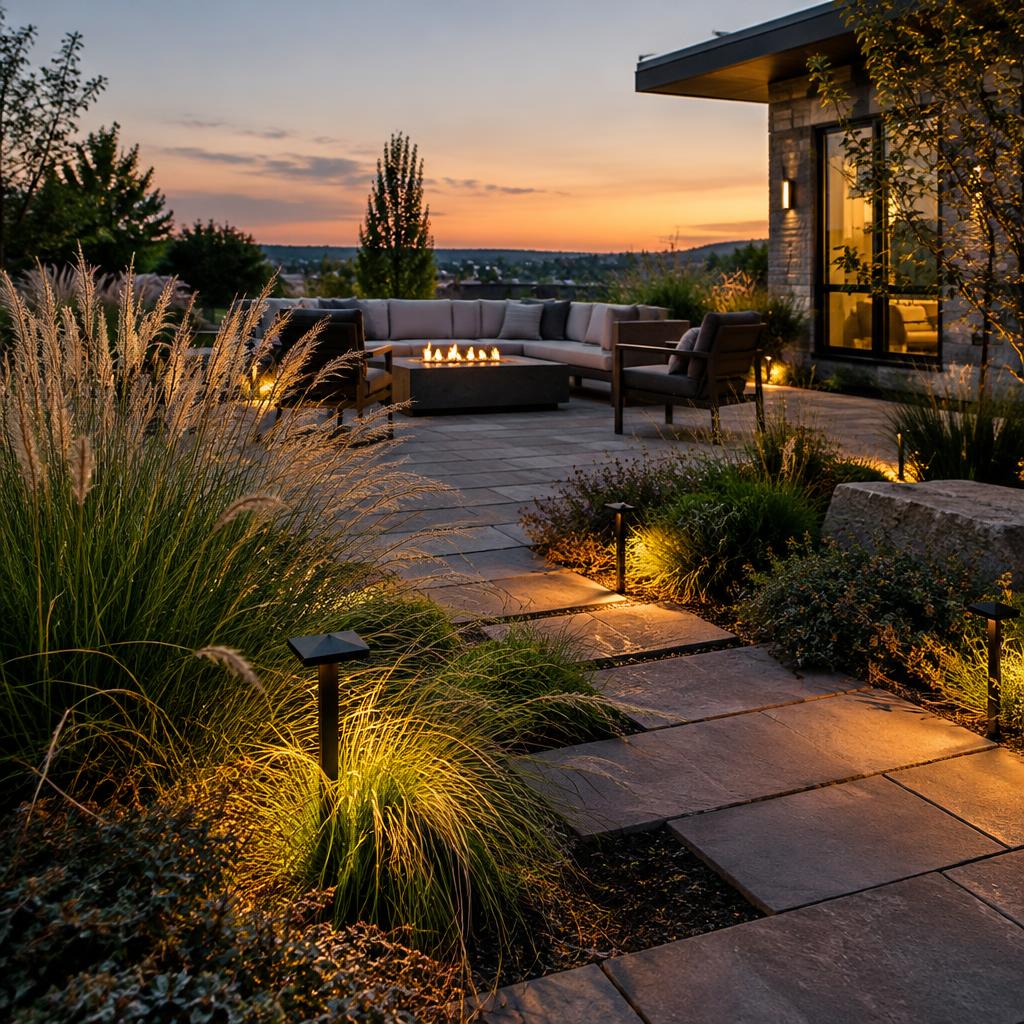 Stone patio with ornamental grasses and landscape lighting at dusk